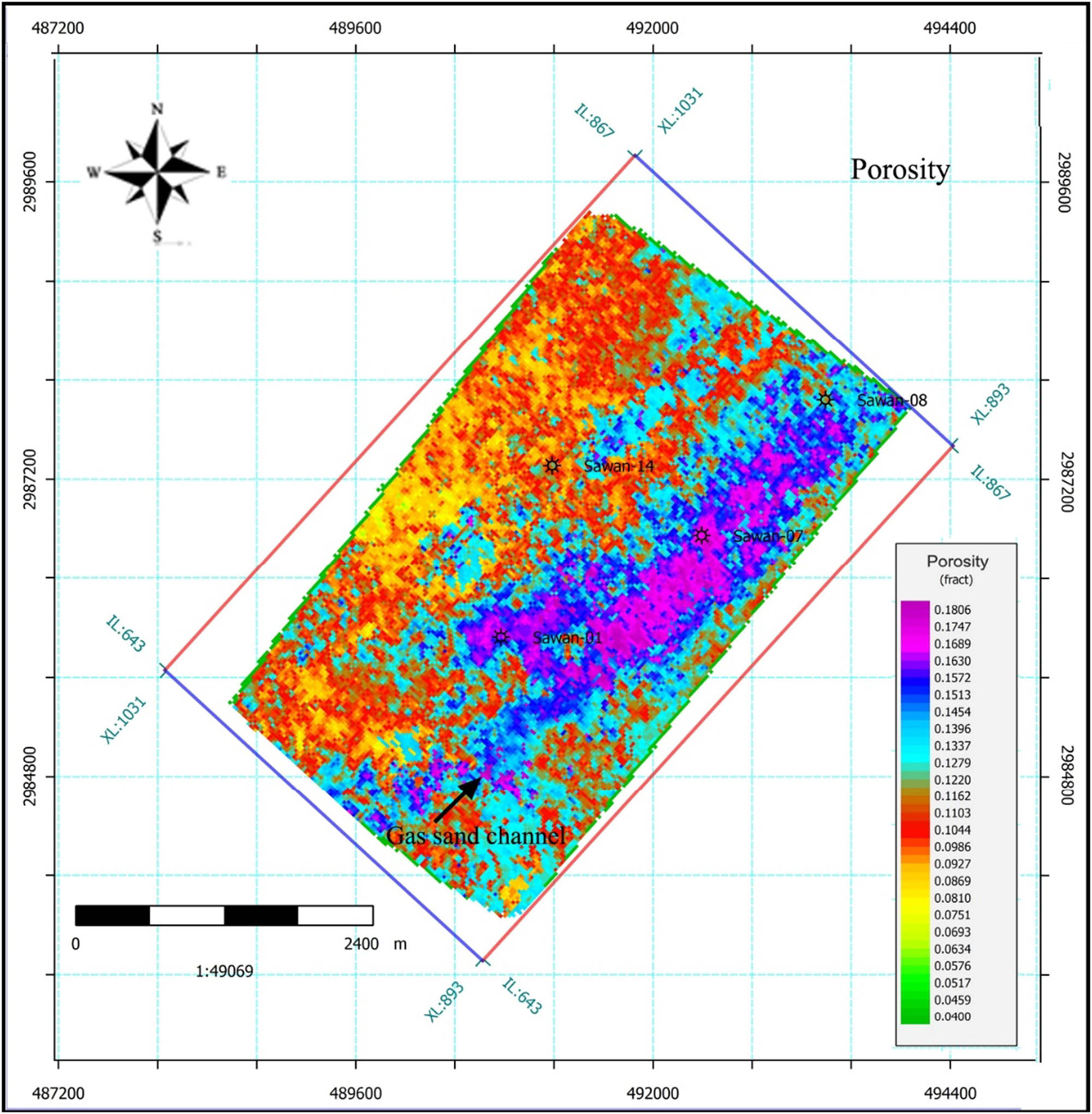 Figure 21 
                     Constant time slice map showcasing the porosity distribution within the reservoir interval. The high porosity values indicating the gas accumulation along a sand channel in the reservoir.
                  