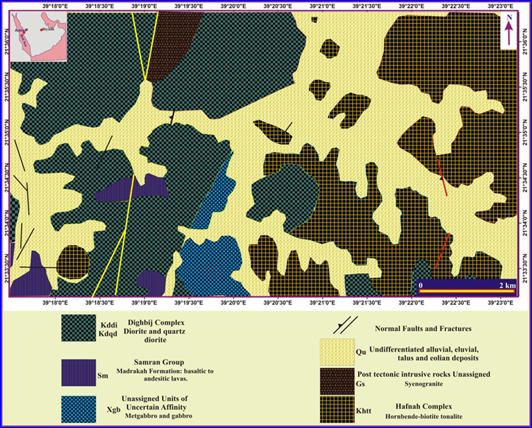 Figure 2 
                  Geological map of Wadi Bani Malik area (Moore and Al-Rehaili 1989 [20]; Rehman et al. 2016d [21]).
               