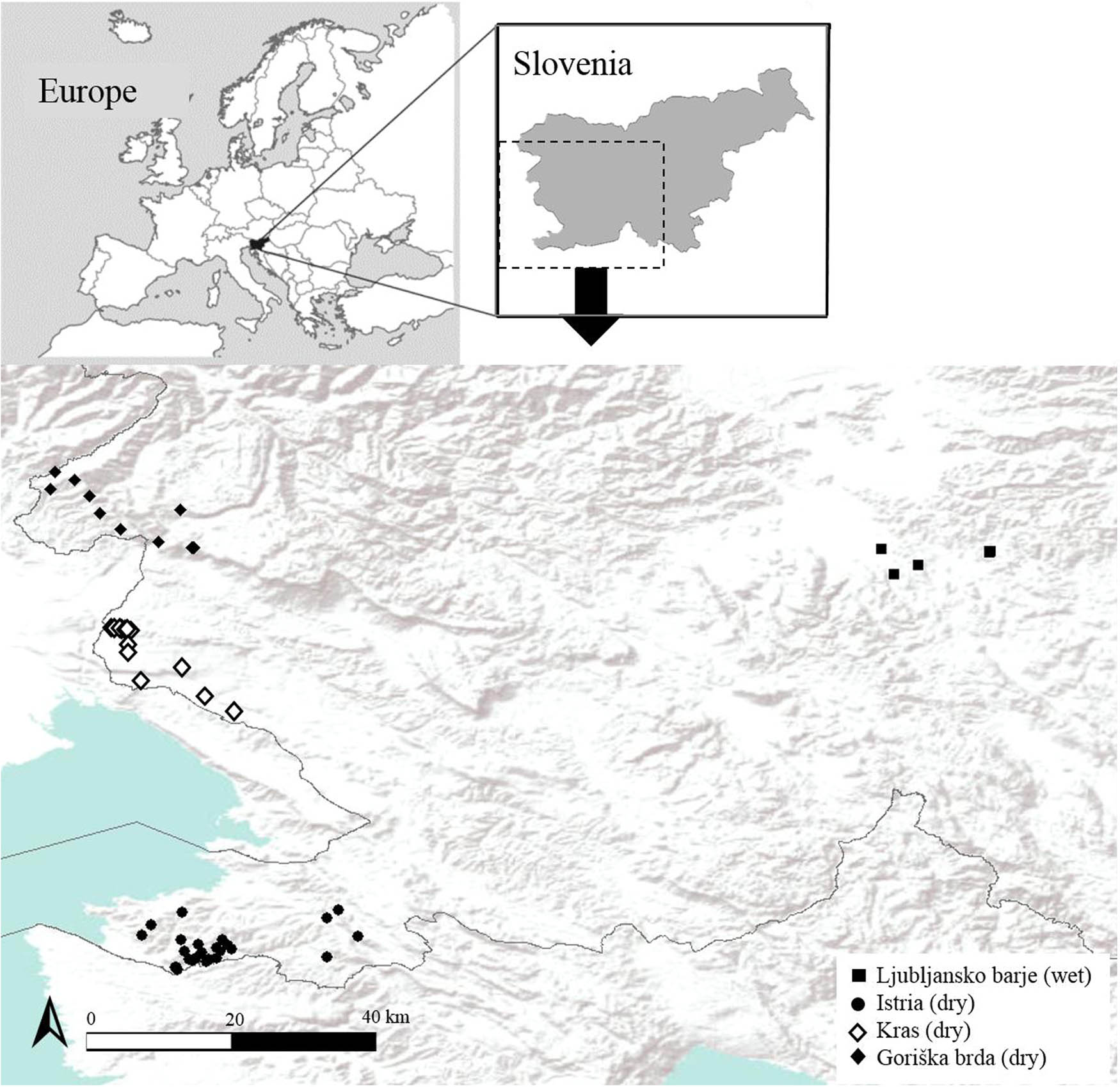 Figure 1 Map of localities for which environmental data was collected and where presence of C. oedippus was confirmed at least once in a period from 2002 to 2016 (see also Appendix A). Wet – wet habitat type; dry – dry habitat type; geographical regions are indicated by different symbols. As part of Goriška brda, two most eastern diamonds markings (from left to right) are Banjšice (one habitat patch) and Trnovski gozd (three habitat patches). Small map shows the geographical position of localities in Slovenia.