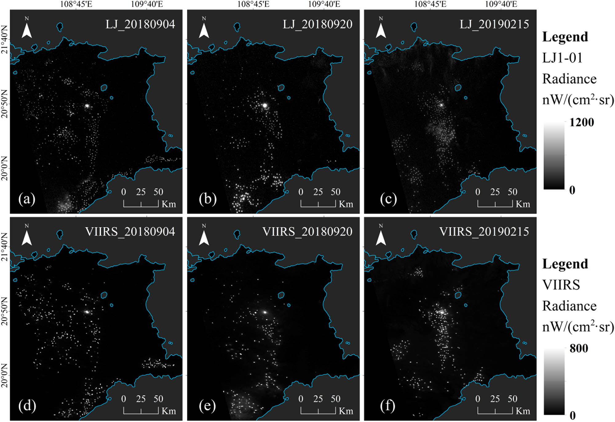 Figure 2 LJ1-01 and VIIRS nighttime light data. (a) LJ1-01 image on September 4, 2018; (b) LJ1-01 image on September 20, 2018; (c) LJ1-01 image on February 15, 2019; (d) VIIRS image on September 4, 2018; (e) VIIRS image on September 20, 2018; and (f) VIIRS image on February 15, 2019.