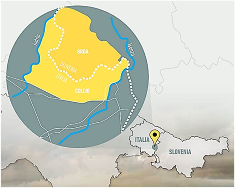 Figure 1 Gorica hills position between the states of Slovenia and Italy (The map is made by the Italian scientific and technical committee (coordinator arch. Elisa Trani) for the WHL UNESCO “Brda Collio Cuei Paesaggio culturale Transfrontaliero terrazzato” project and approved by the Slovenian scientific and technical committee).