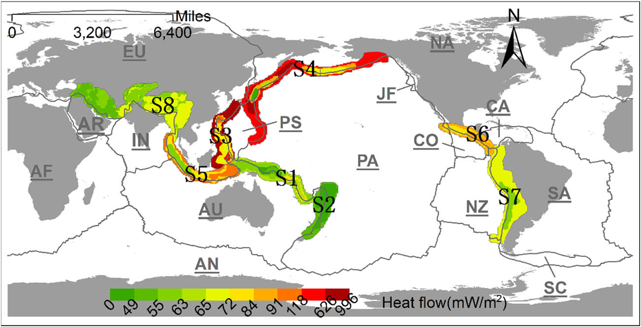 Figure 7 Spatial heterogeneity of heat flow in global tectonically active zones. The heat flow in each zone is the average value.