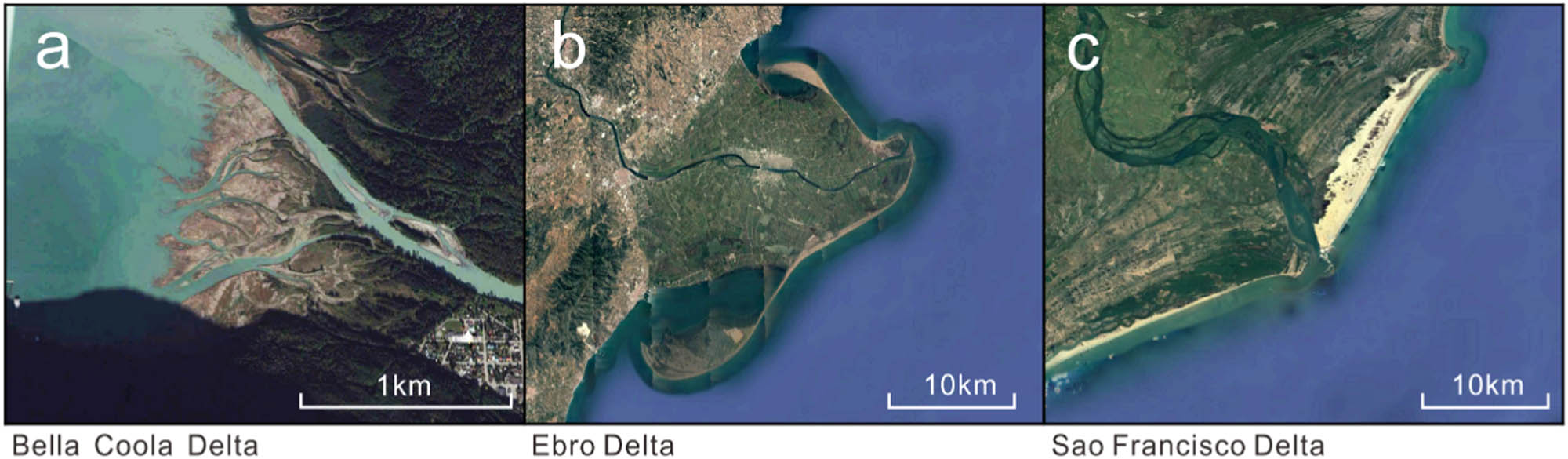 Figure 2 Different deltaic morphologies under similar wave conditions. Deltas were located at the Bella Coola Valley in British Columbia, Canada (52°22′N, 126°45′W) (a), the Iberian Peninsula, Spain (40°42′N, 0°42′E) (b), and Brazil (10°24′S, 36°29′W) (c). Images were obtained from Google Earth.
