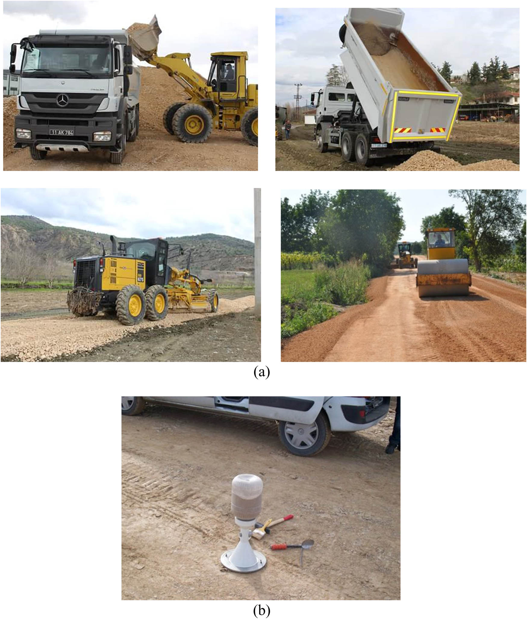 Figure 10 (a) Compaction of the base layer made of marble waste and (b) control by sand cone method on the base layer.