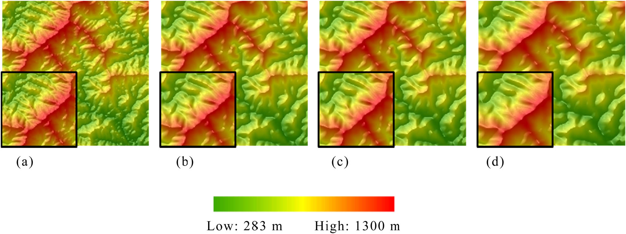 Figure 9 Results of DEM super-resolution based on the CNN. (a) Original DEM, (b) scale factor: 2, (c) scale factor: 3, (d) scale factor: 4.