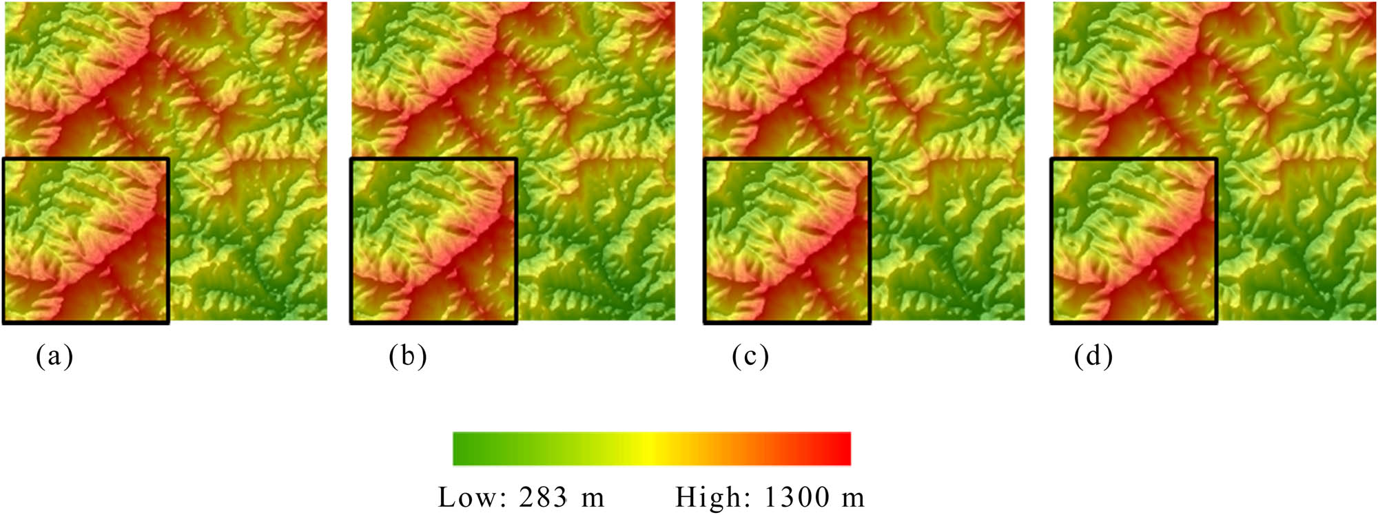 Figure 10 Results of DEM super-resolution based on deep residual network. (a) Original DEM, (b) scale factor: 2, (c) scale factor: 3, (d) scale factor: 4.