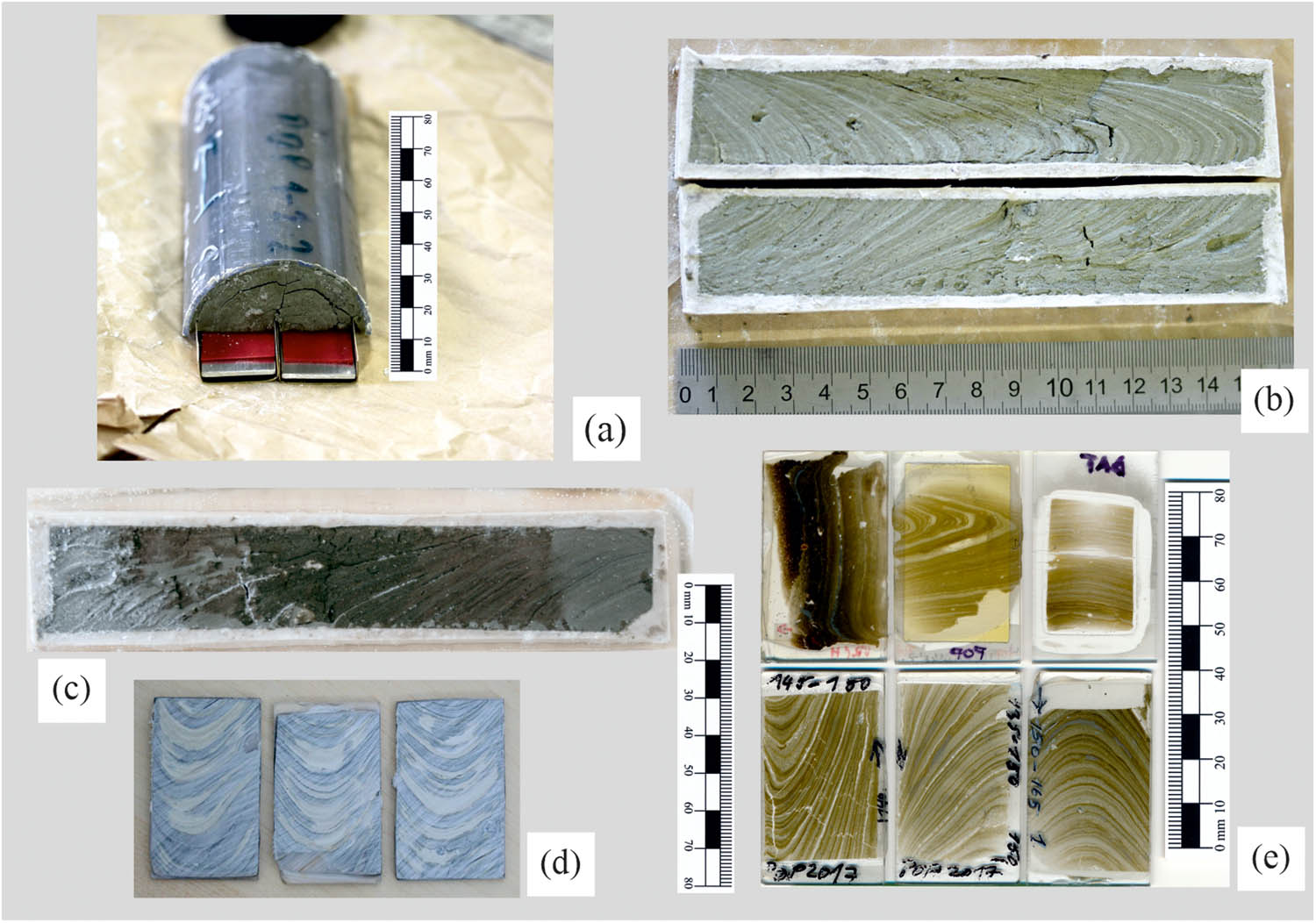 Figure 5 Steps and results of gypsum method: (a) subsamplers pushed lengthwise into the wet sample; (b) subsamples embedded with gypsum; the cracks in the middle formed before cutting and embedding; (c) impregnated and un-polished subsample slab; (d) subsamples after the first epoxy resin impregnation showing the penetration depth; light places still non-impregnated; (e) polished thin-sections prepared from unconsolidated laminated sediments from Tatra Mts. lakes.