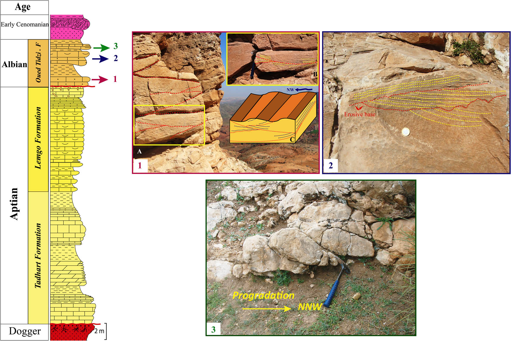 Figure 10 Deposit of the Oued Tidzi formation in the Wanina East section; (1 and 2) Coquina deposits with lenticular-shaped tidal channels showing through cross-stratifications and ripple marks; (3) carbonated lumachellic lenticular deposit showing a progradation from south–south–east to north–north–west.
