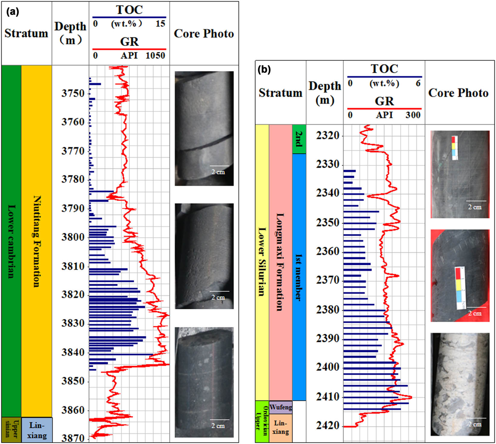 Figure 2 The comprehensive stratigraphic histogram and core photographs. (a) The lower Cambrian Niutitang Formation of Youye-1 well, (b) the section of the upper Ordovician Wufeng Formation and the first section of the lower Silurian Longmaxi Formation of Jiaoye-1 well. See Figure 1 for the well locations.