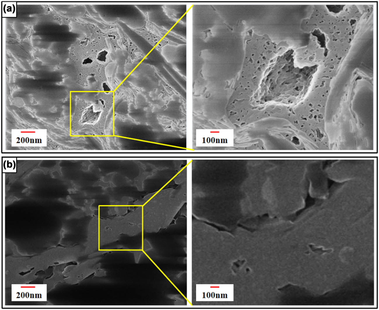 Figure 5 FIB-HIM experimental images. (a) The pyrobitumen pore in the organic-rich shale taken at the 2,404 m Longmaxi Formation of the Jiaoye-1 well has a large number of pores and a large pore diameter. The larger diameter pores are nested in the smaller diameter pores, which can increase the pore reservoir capacity and Connectivity; (b) the organic pores in the organic-rich shale in the 3,813 m Niutitang Formation of the Youye-1 well, with small pore size and inferior pore connectivity. See Figure 1 for the well locations.