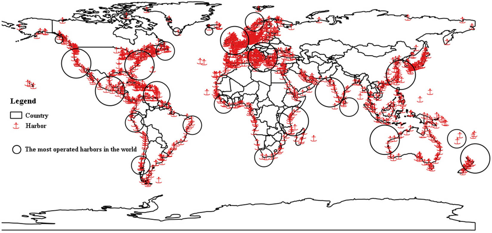 Figure 4 
               The distribution of the 1,081 harbors which used in this research with the most connected harbors.
            