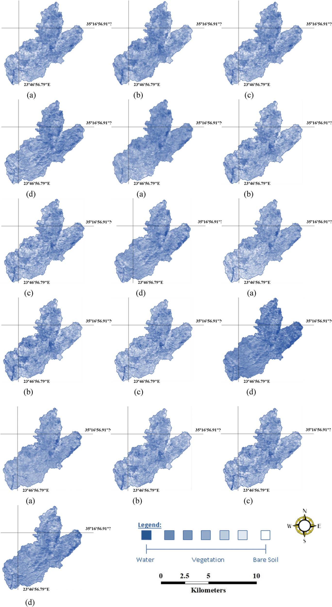 Figure 5
MODIS seasonal enhanced vegetation index for 2010–2013, showing vegetation strength. (a) Spring 2010–2013, (b) Summer 2010–2013, (c) Autumn 2010–2013 and (d) Winter 2010–2013.