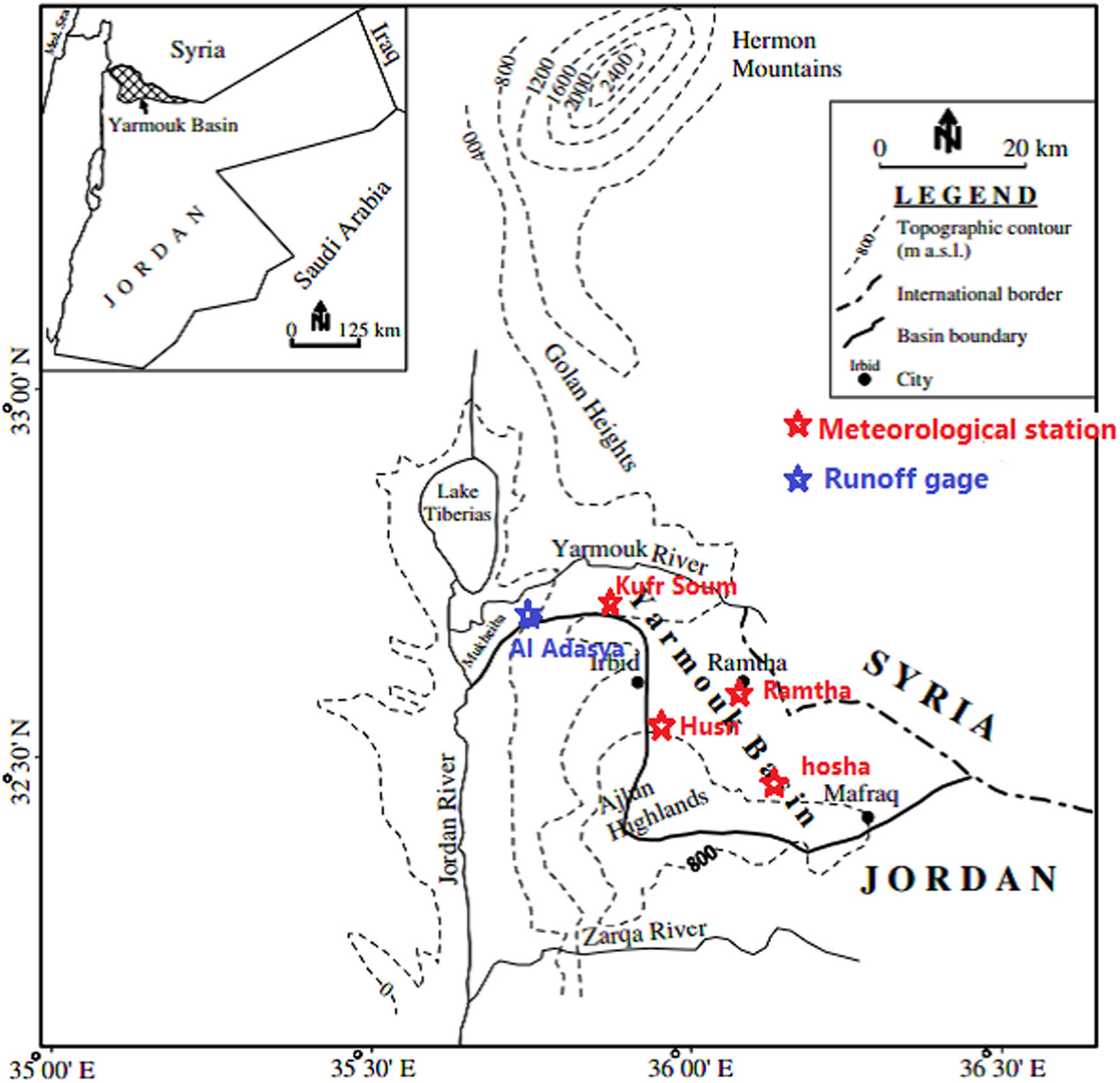 Figure 1
Location of the Yarmouk River Basin (YRB), meteorological stations, and Runoff gage station showing the basin’s principal physiographic features.