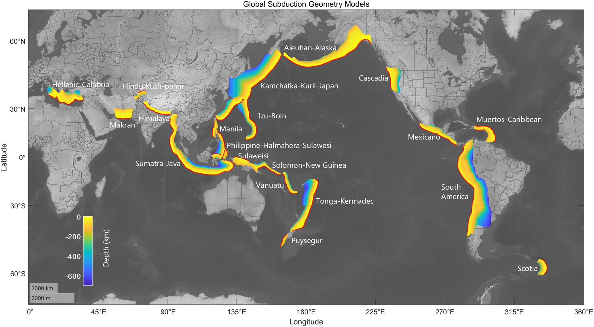 Figure 1
Global subduction geometry models. Data obtained from https://www.sciencebase.gov/catalog/item/5aa1b00ee4b0b1c392e86467.