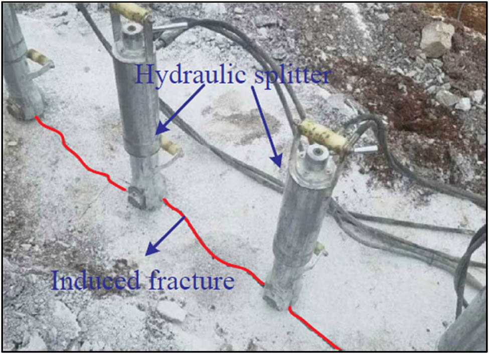 Figure 11 
                  Rock breakage by the hydraulic splitting method [58].
               