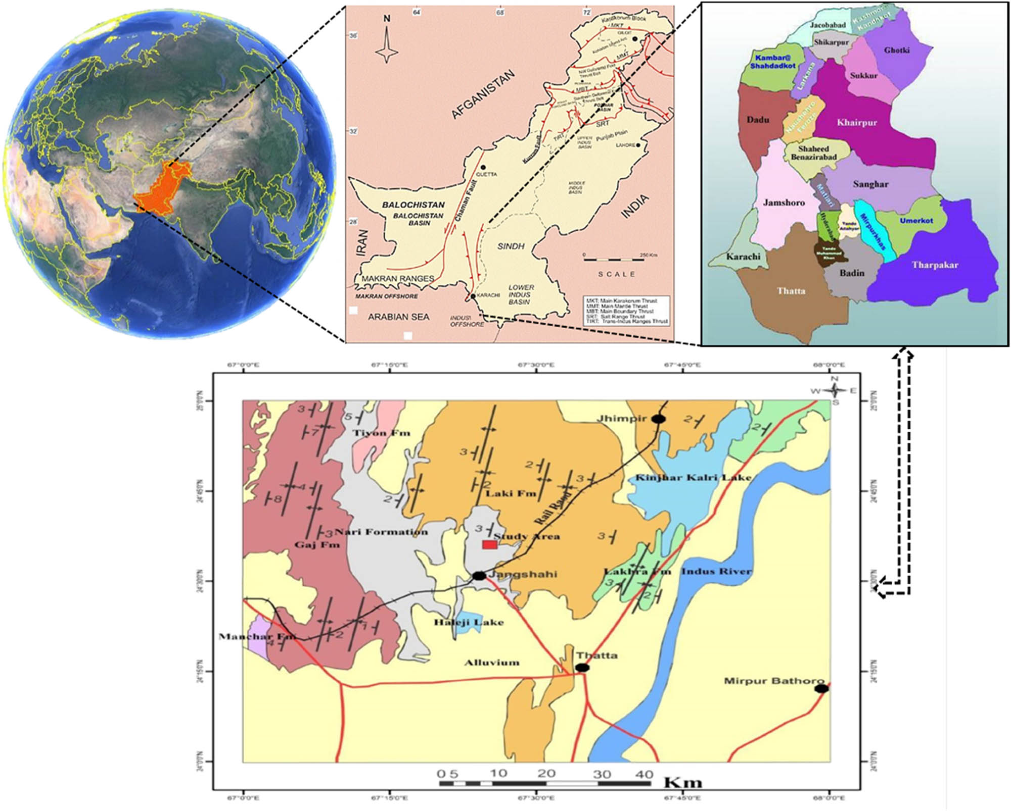Figure 1 
                  Geological map of Pakistan showing the study area with basic geological information and location of sampling sites.
               
