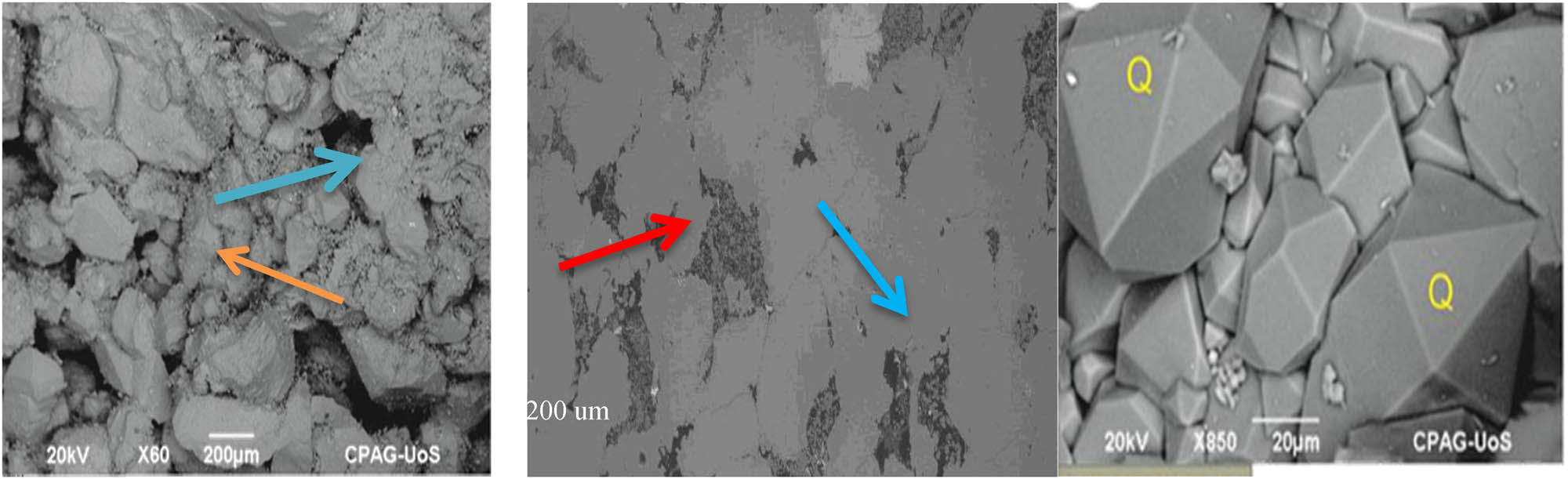 Figure 10 
                  The clay mineralogy distribution and its impact on reservoir rock properties. From left to right this illustration displays the grain- coating clays, pore-filling clays, and no clay as observed from the scanning electron microscopy images.
               