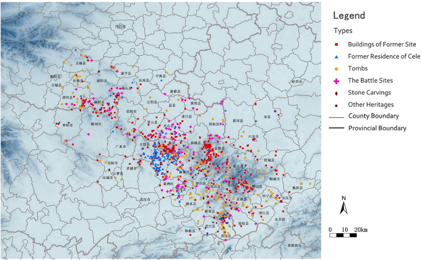Figure 3 
                  Types and distribution of historical heritage sites in the Dabie Mountains.
               