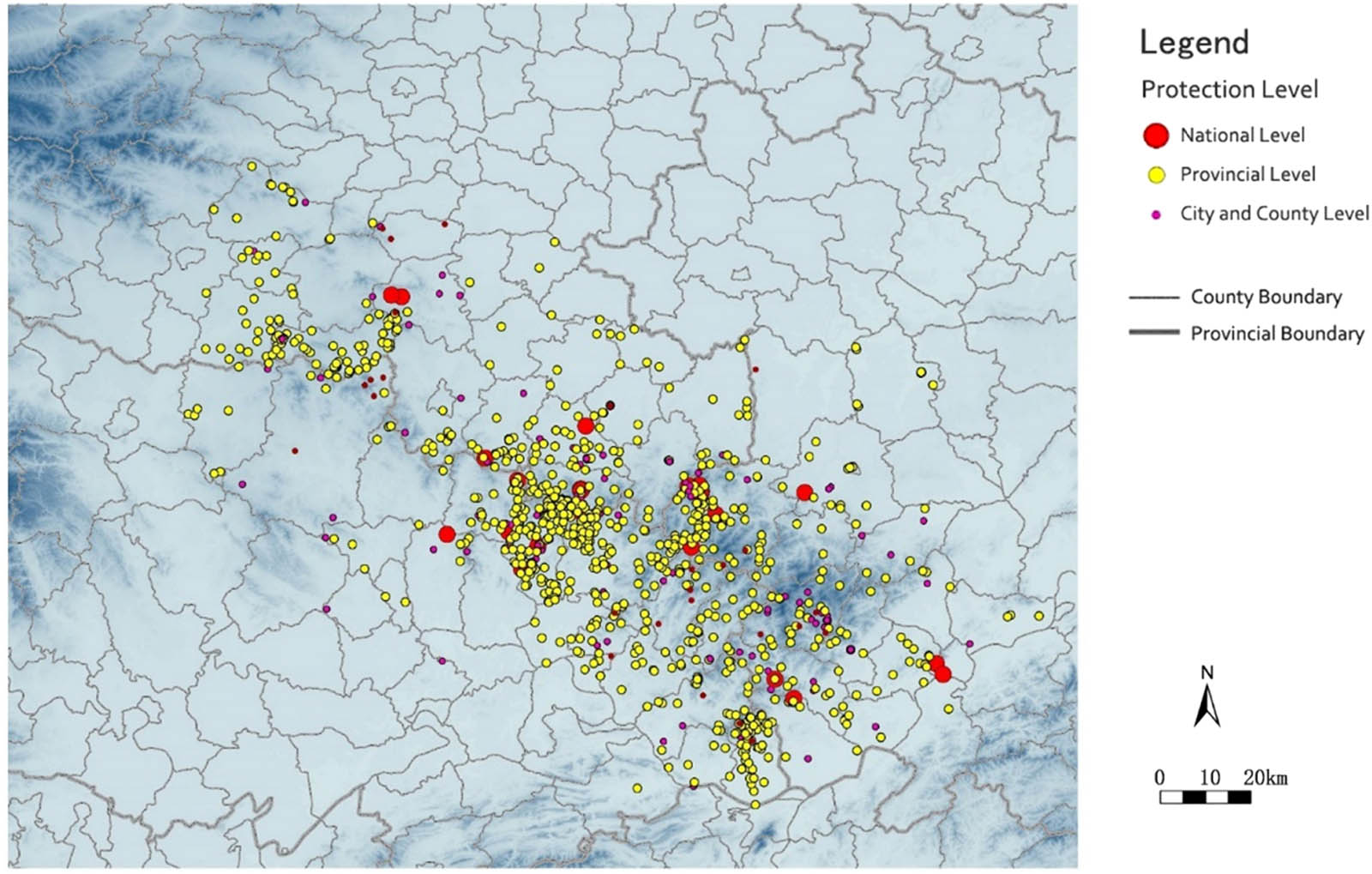 Figure 4 
                  The spatial distribution of cultural relics at different levels in the Dabie Mountains.
               