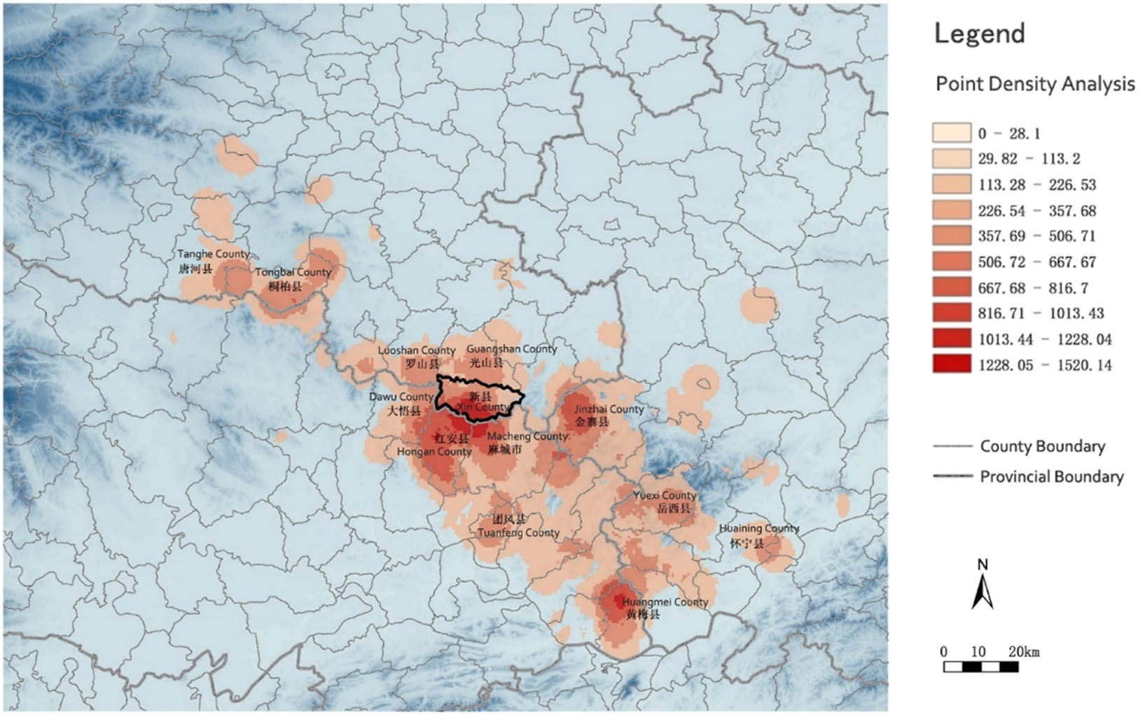 Figure 8 
                     The spatial density distribution of the cultural heritage in the Dabie Mountains.
                  