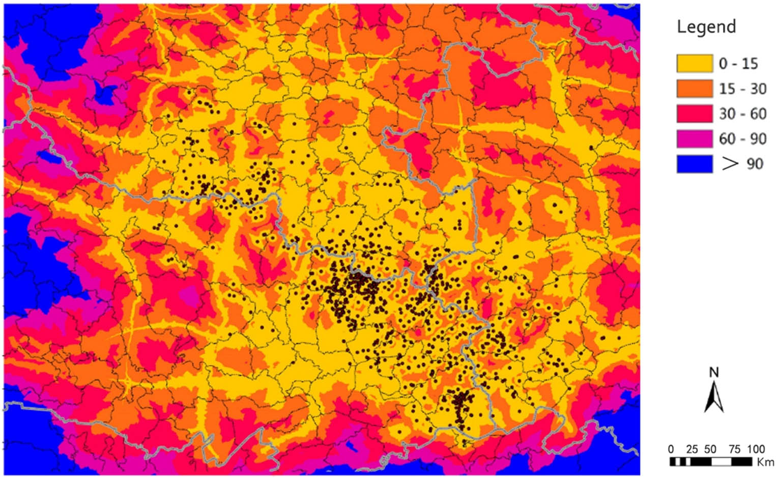 Figure 10 
                     Traffic accessibility analysis of the core region.
                  