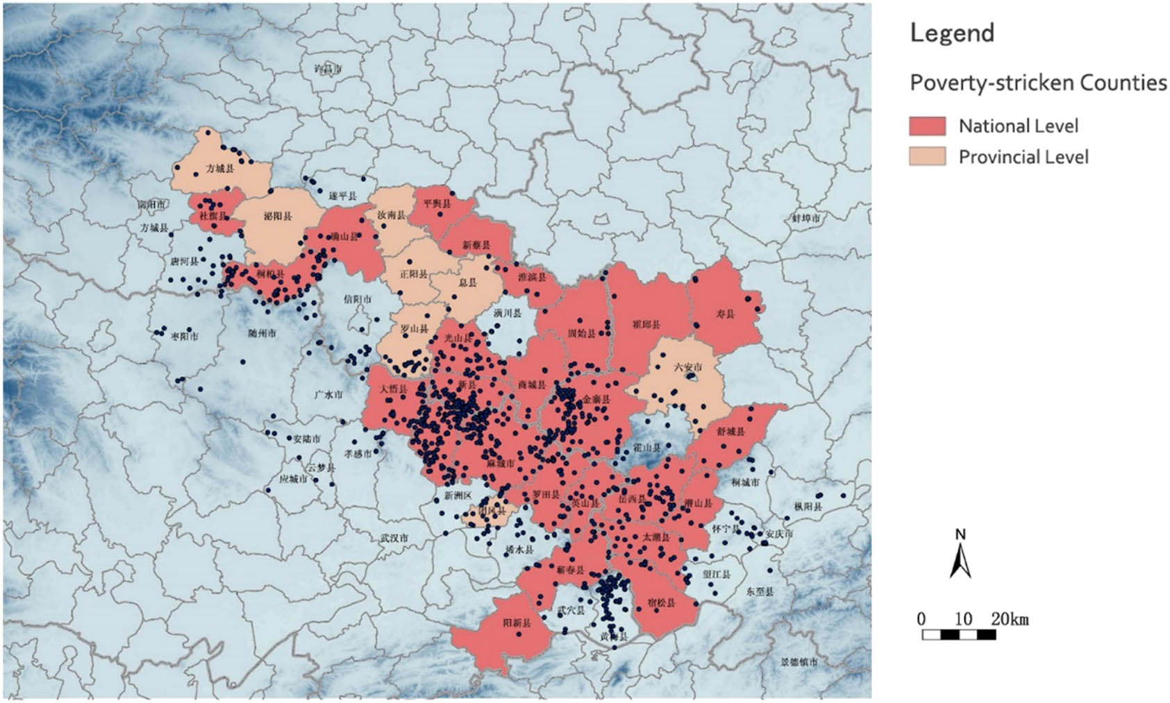Figure 12 
                     The distribution of poverty-stricken counties in the Dabie Mountains.
                  
