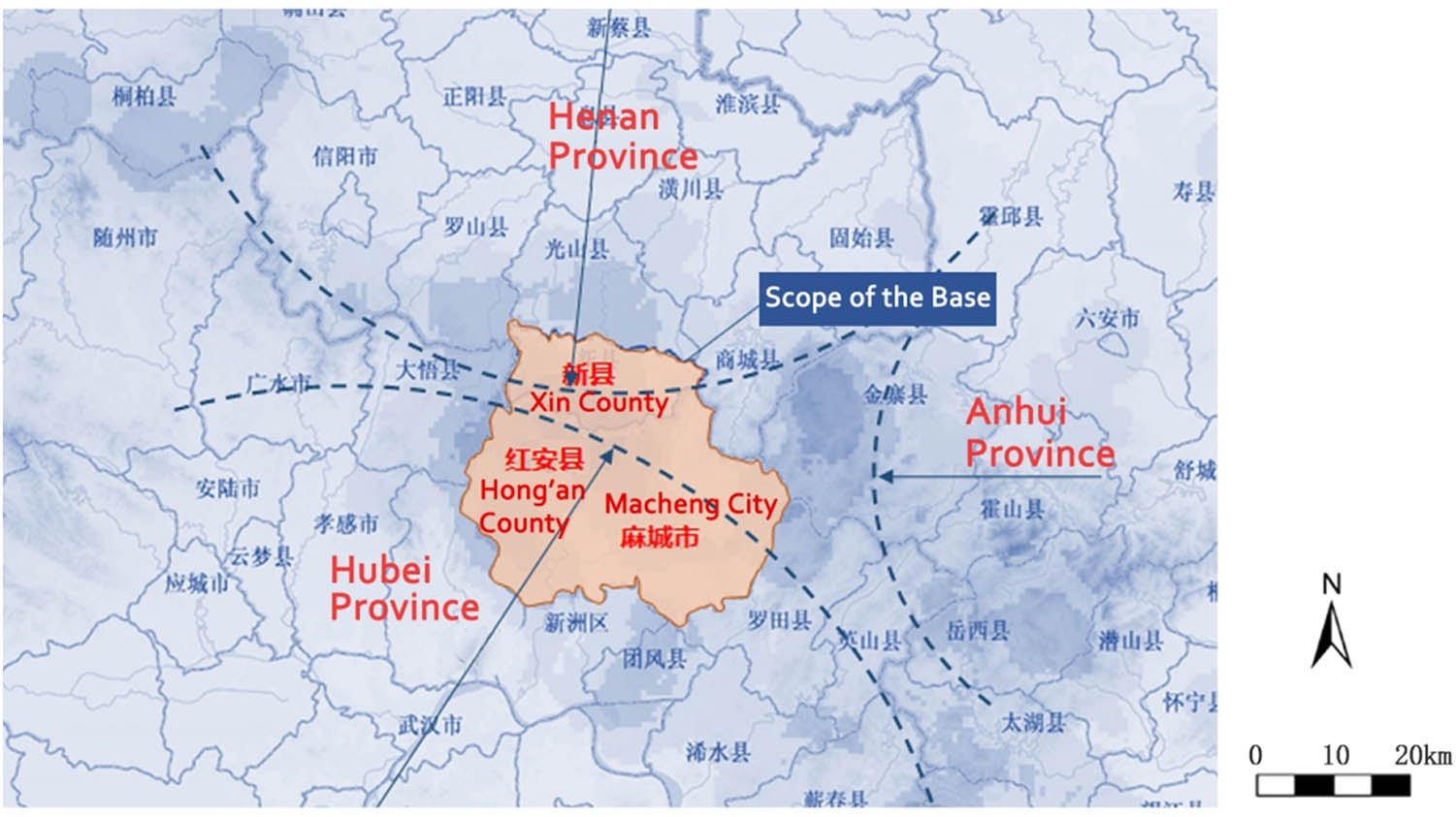 Figure 14 
                  The location of two counties and one city in the core region of the Dabie Mountains.
               