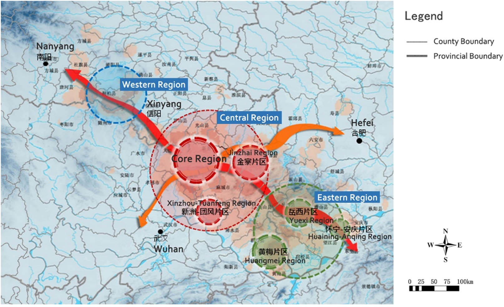Figure 15 
                     The spatial layout structure of one core, one belt, two axes, and three groups.
                  