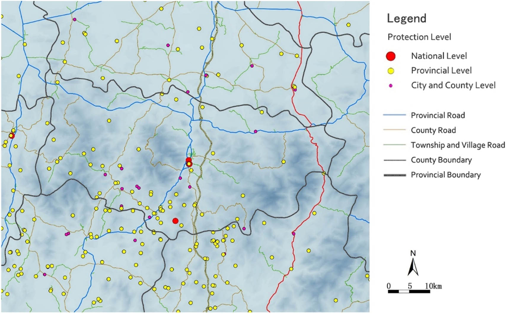 Figure 16 
                     The distribution of the heritage conservation level in Xin County.
                  