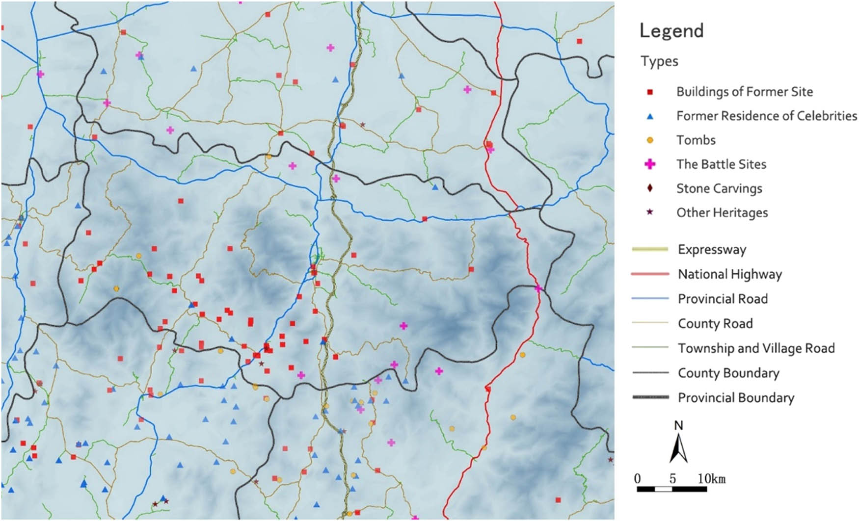 Figure 17 
                     The distribution of the heritage types in Xin County.
                  