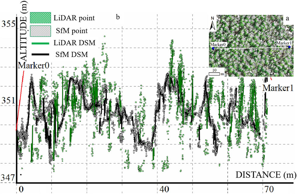 Figure 6
(a) Marker place in forest land and (b) side view of the two point clouds and raster digital surface models (DSMs) for forest land; wherein green represents light detection and ranging (LiDAR) point cloud, yellow represents LiDAR raster DSM, blue represents the unmanned aerial vehicle (UAV)-structure from motion (SfM) point cloud, and pink represents the UAV-SfM raster DSM.