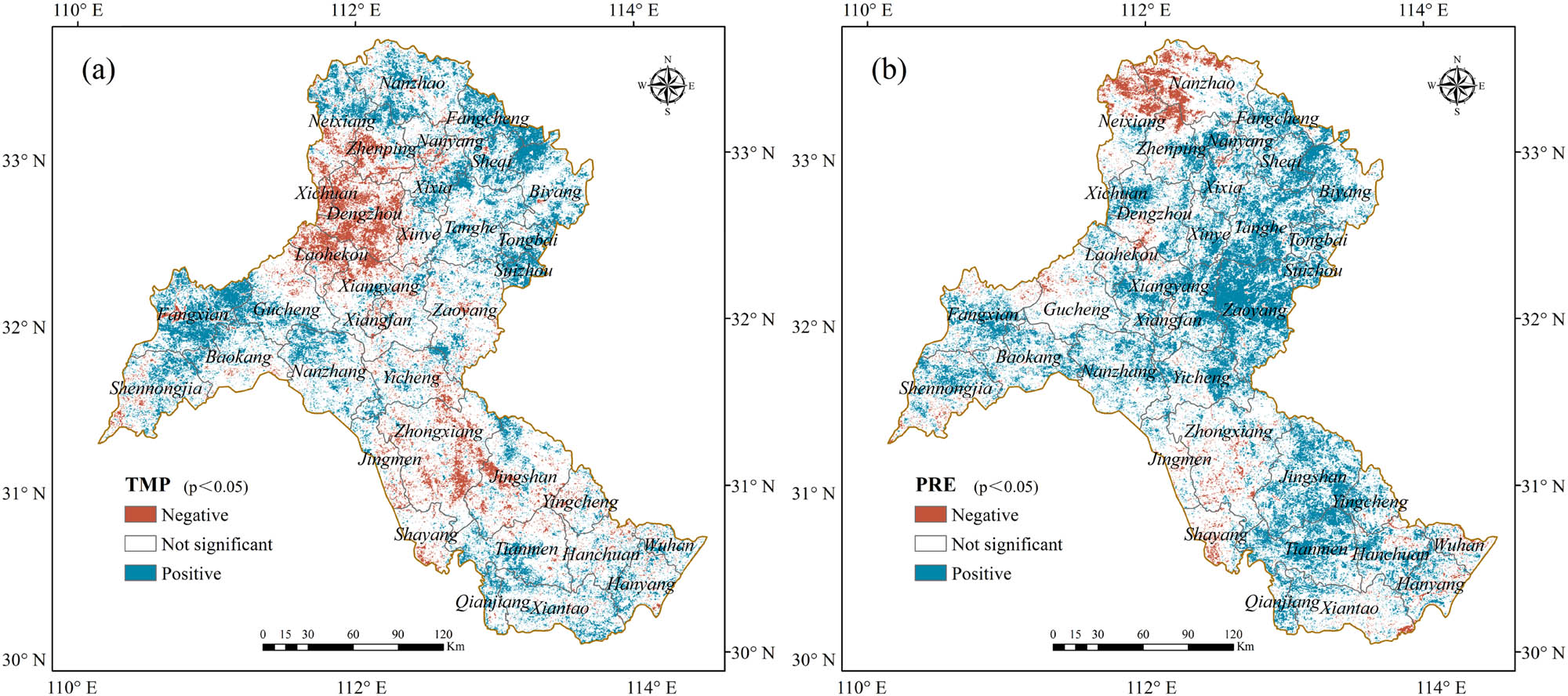 Figure 5 
                     Correlation between NDVIg and temperature and precipitation on the annual scale: (a) NDVIg and temperature and (b) NDVIg and precipitation.
                  