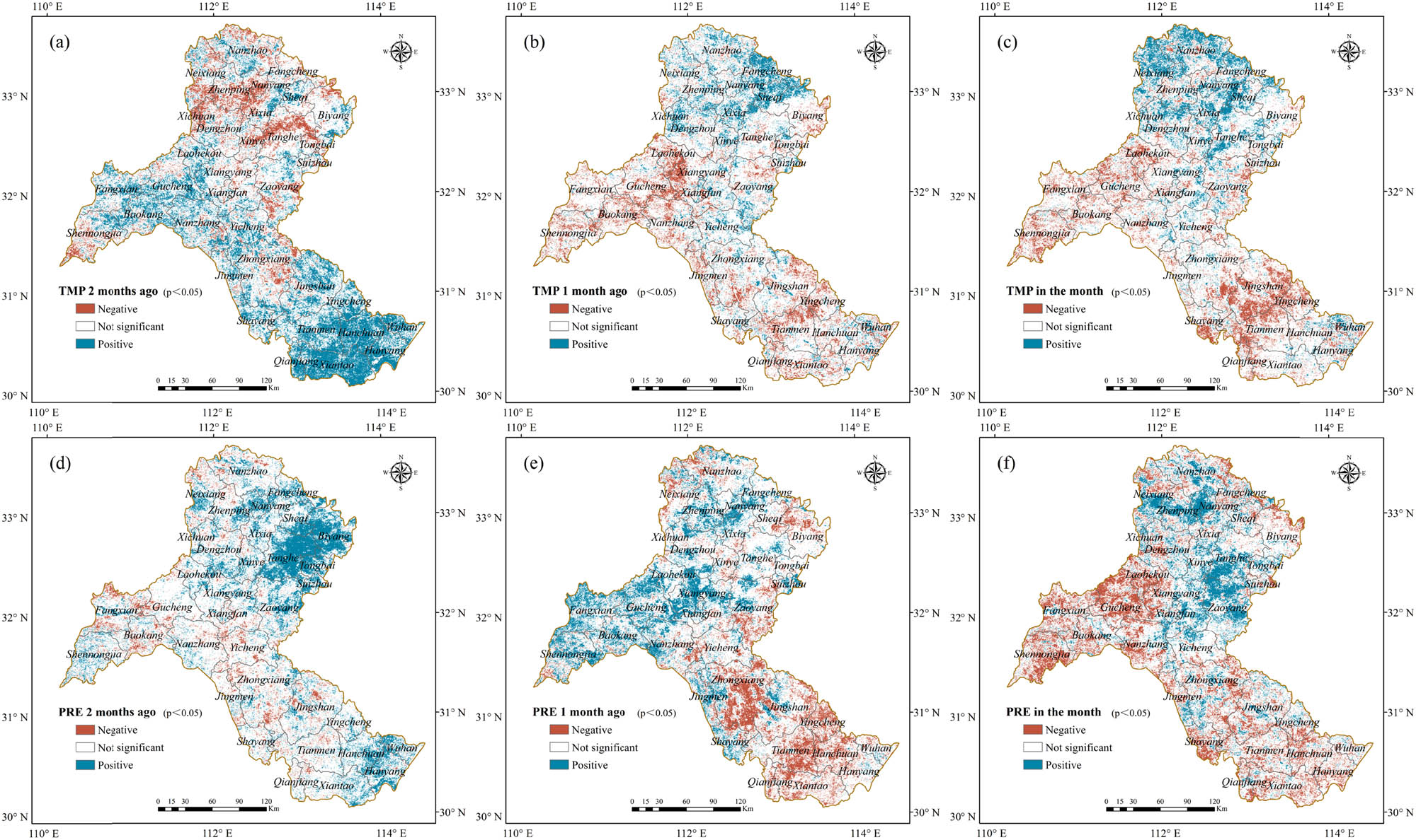 Figure 6 
                     Partial correlation coefficient between the monthly NDVI and temperature and precipitation on the monthly scale: (a) NDVI and the temperature 2 months ago, (b) NDVI and the temperature 1 month ago, (c) NDVI and the temperature in the month, (d) NDVI and the precipitation 2 months ago, (e) NDVI and the precipitation 1 month ago, and (f) NDVI and the precipitation in the month.
                  