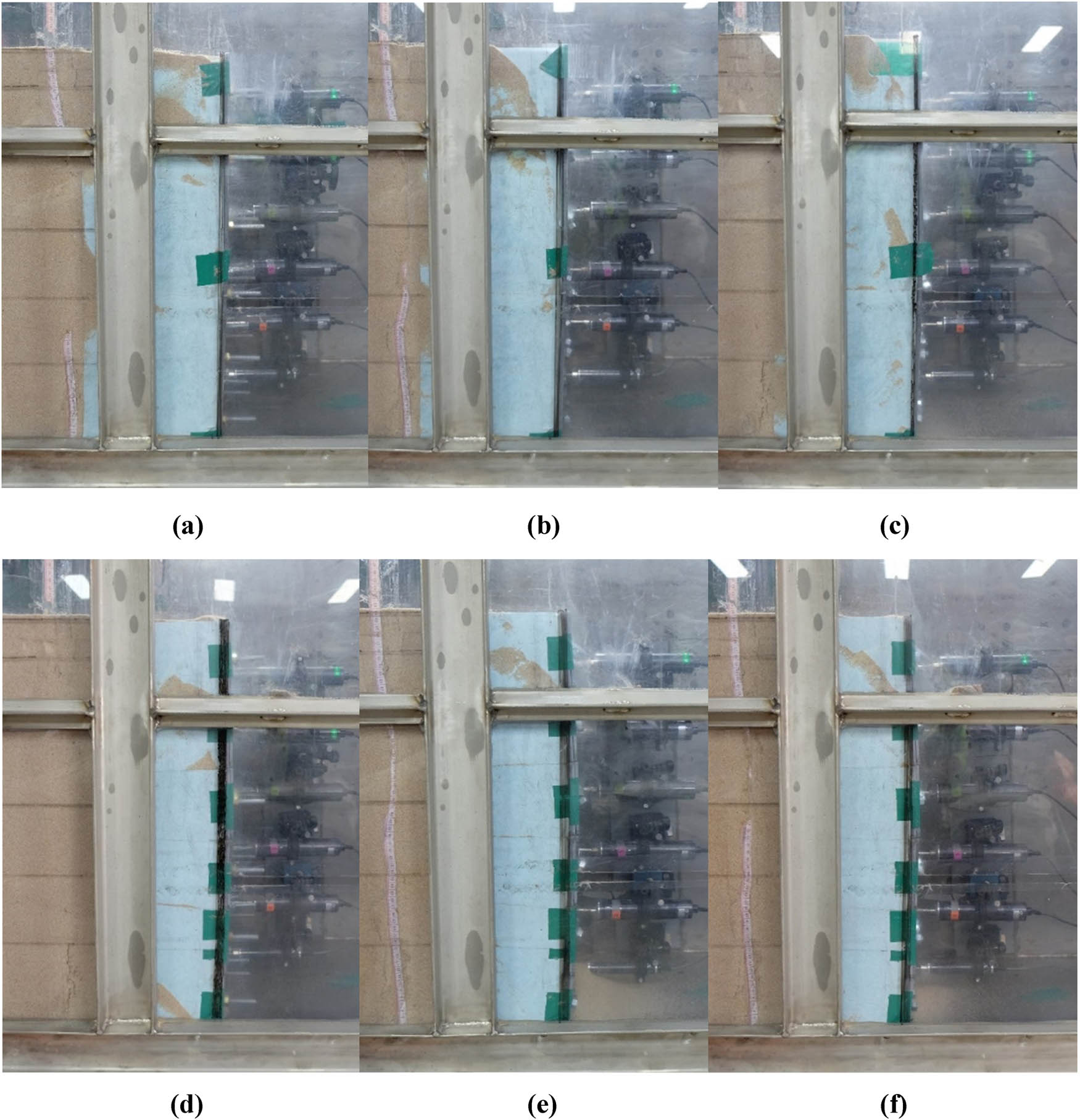 Figure 9
Photos of the final wall facing profile after the loading: (a) Case 1, (b) Case 2, (c) Case 3, (d) Case 4, (e) Case 5, and (f) Case 6.