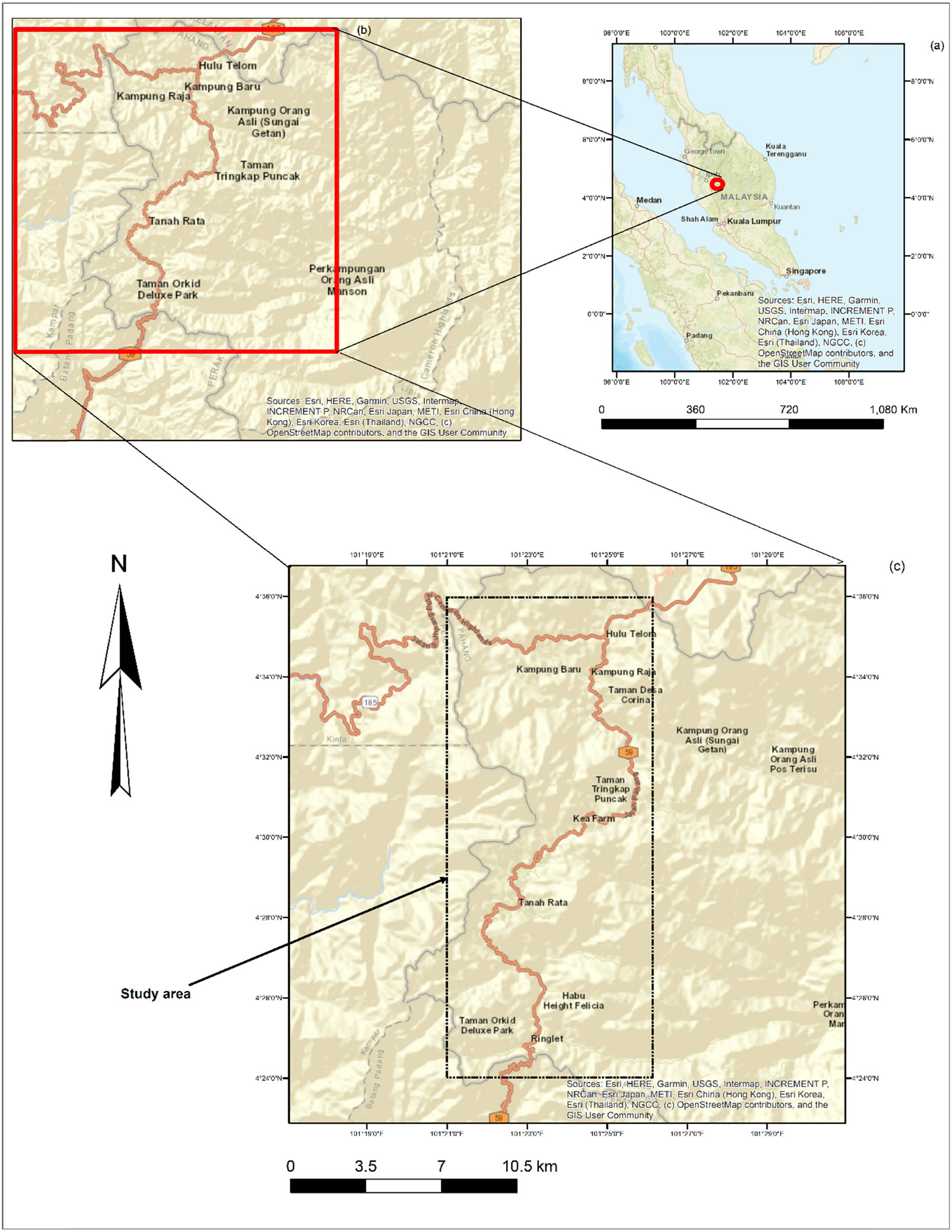 Figure 1 
                  Relative position of (a) Peninsular Malaysia, (b) Cameron Highland, and (c) Study area.
               