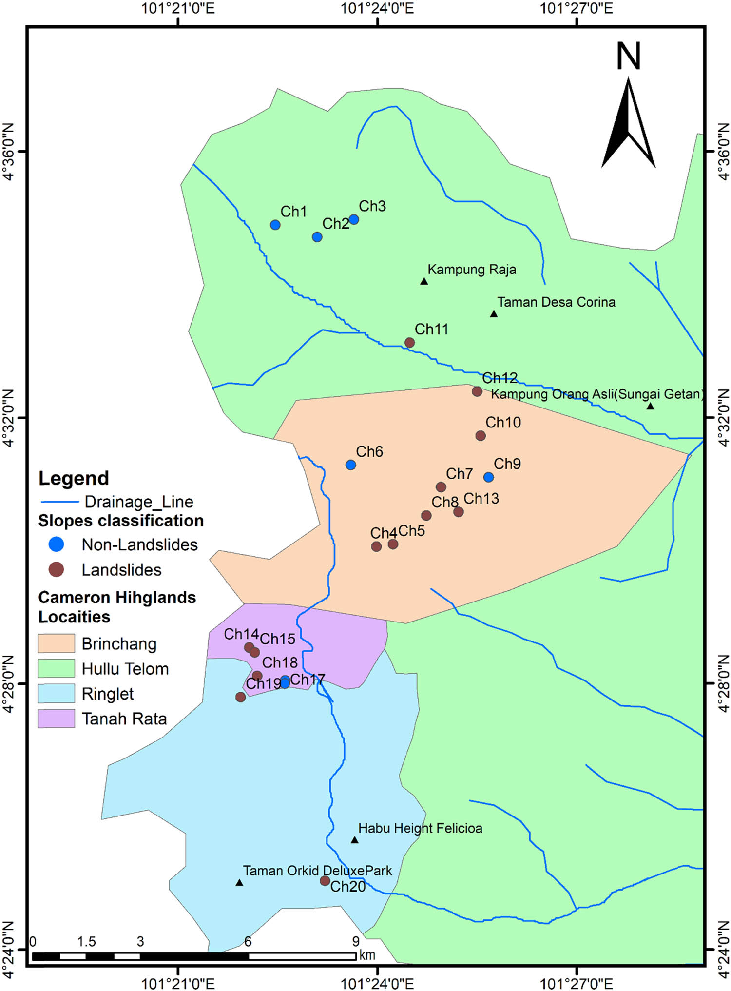 Figure 2 
                  Study area overlain by sampling point classification and drainage pattern.
               