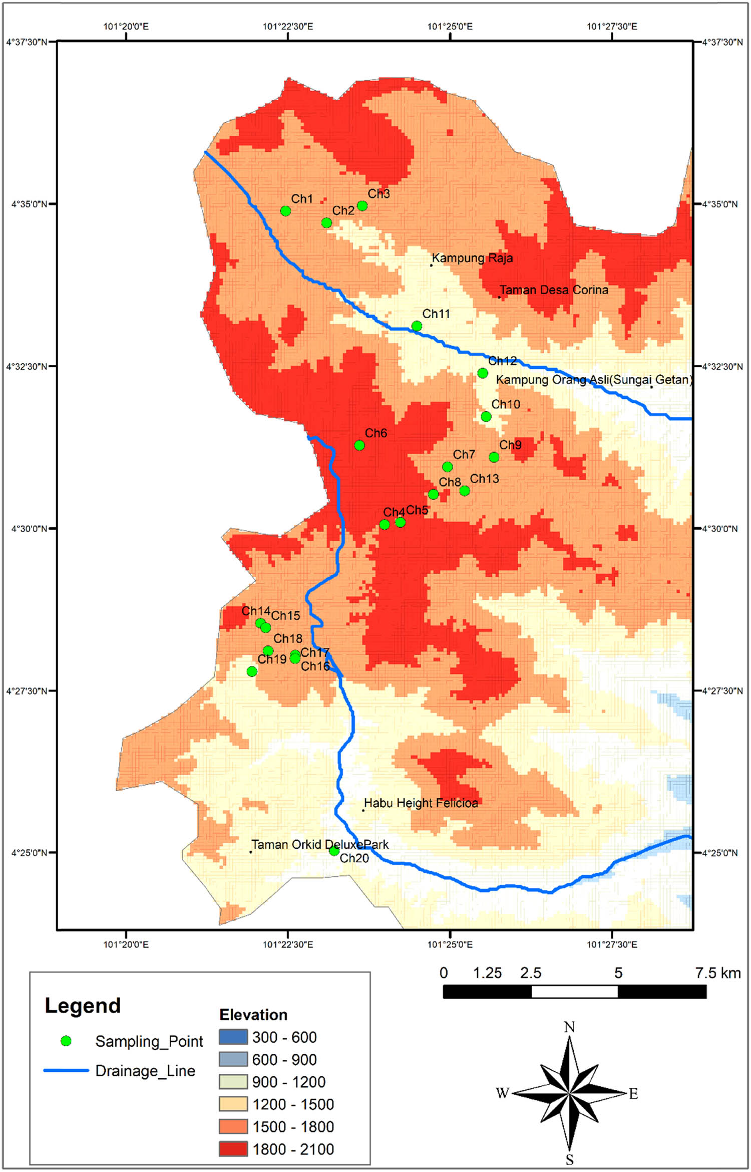 Figure 3 
                  Elevation map of the study area.
               