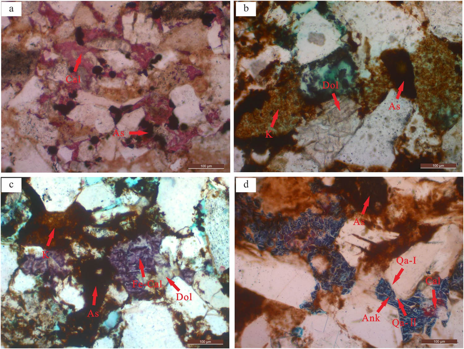 Figure 13 
                  Relationship between carbonate cements in different stages and hydrocarbon charging; (a) H130, 2722.31 m, calcite in the middle stage associated with asphaltene; (b) W541, 3035.40 m, dolomite in the middle stage associated with asphaltene; (c) N116, 3091.64 m, ferrocalcite in the late stage associated with asphaltene; and (d) L65, 3219.20 m, ankerite in the late stage associated with asphaltene.
               
