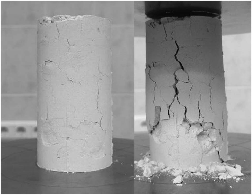 Figure 3
Signs of cracks in the samples after 24 h: on the left – before the compressive test, on the right – after the compressive test.