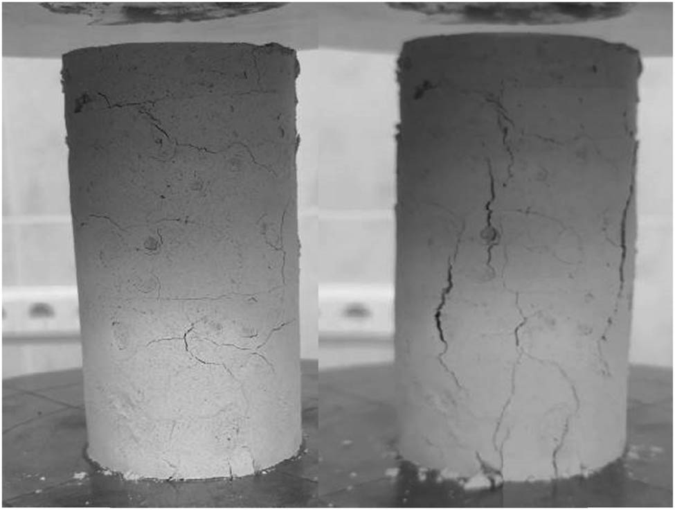 Figure 6
Signs of cracks in the second group of samples after 24 h: on the left – before the compressive test, on the right – after the compressive test.