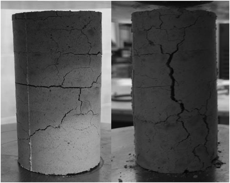 Figure 7
Signs of cracks in the fourth group of samples after 24 h: on the left – before the compressive test, on the right – after the compressive test.