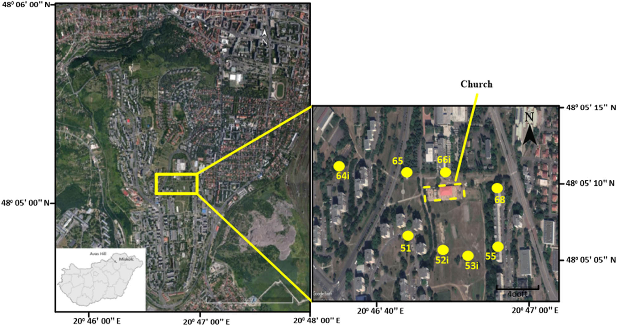 Figure 1
The map view of Avas Hill. The yellow circles represent the observation wells of the fifth and sixth lines.