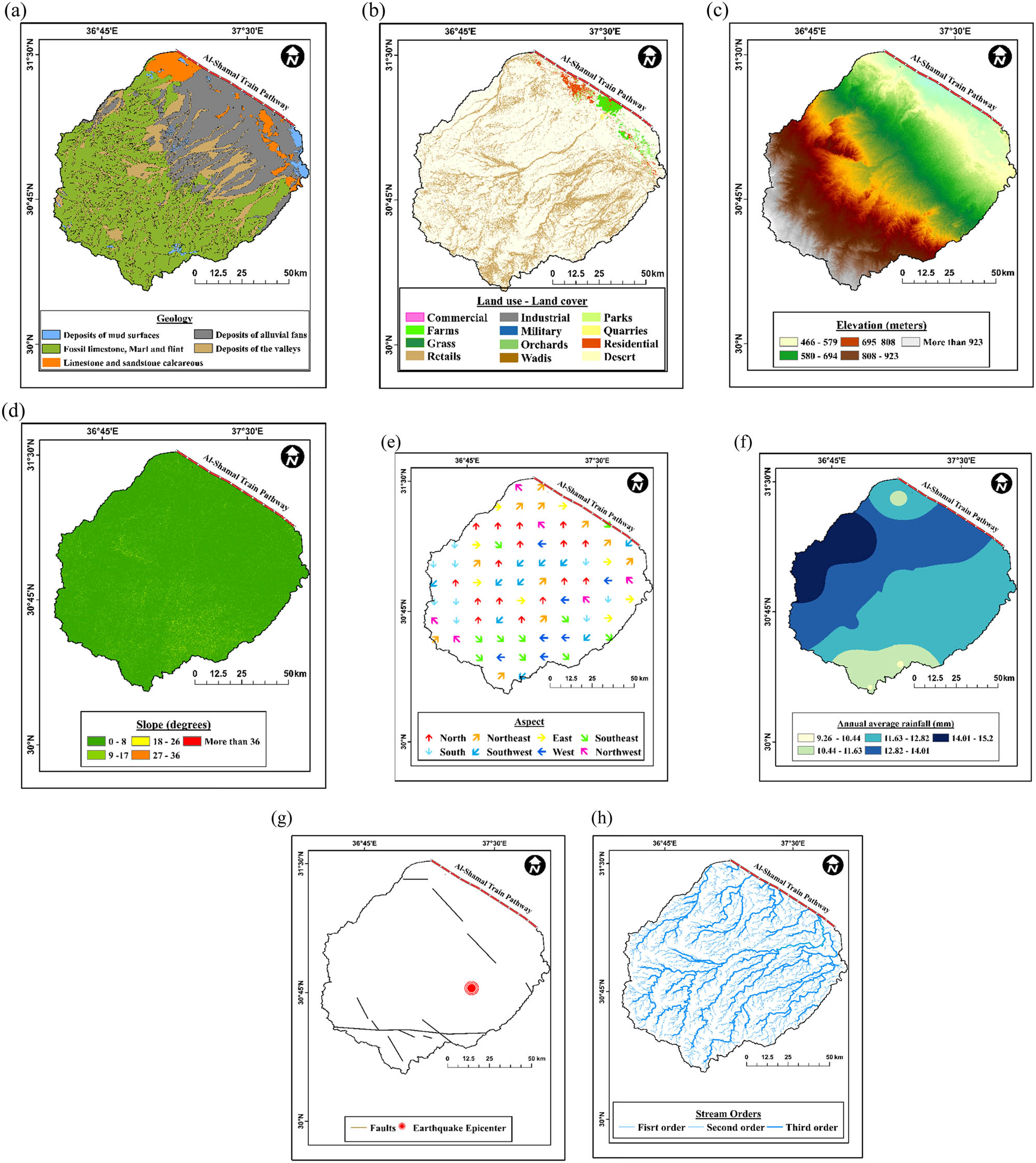 Figure 6 
                     The criteria of ground subsidence susceptibility affecting Al-Shamal train pathway. (a) Lithology, (b) land cover/land use, (c) elevation, (d) slope, (e) aspect, (f) rainfall, (g) distance from faults and earthquake epicenter and (h) distance from stream orders.
                  