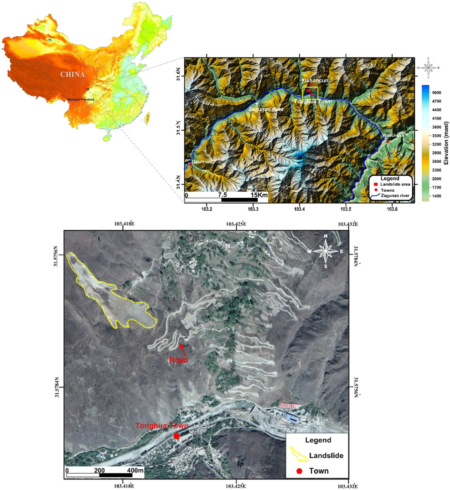 Figure 1
The digital elevation map of the landslide area around the Zagunao River and the investigated Tonghua landslide site near Xishan village.