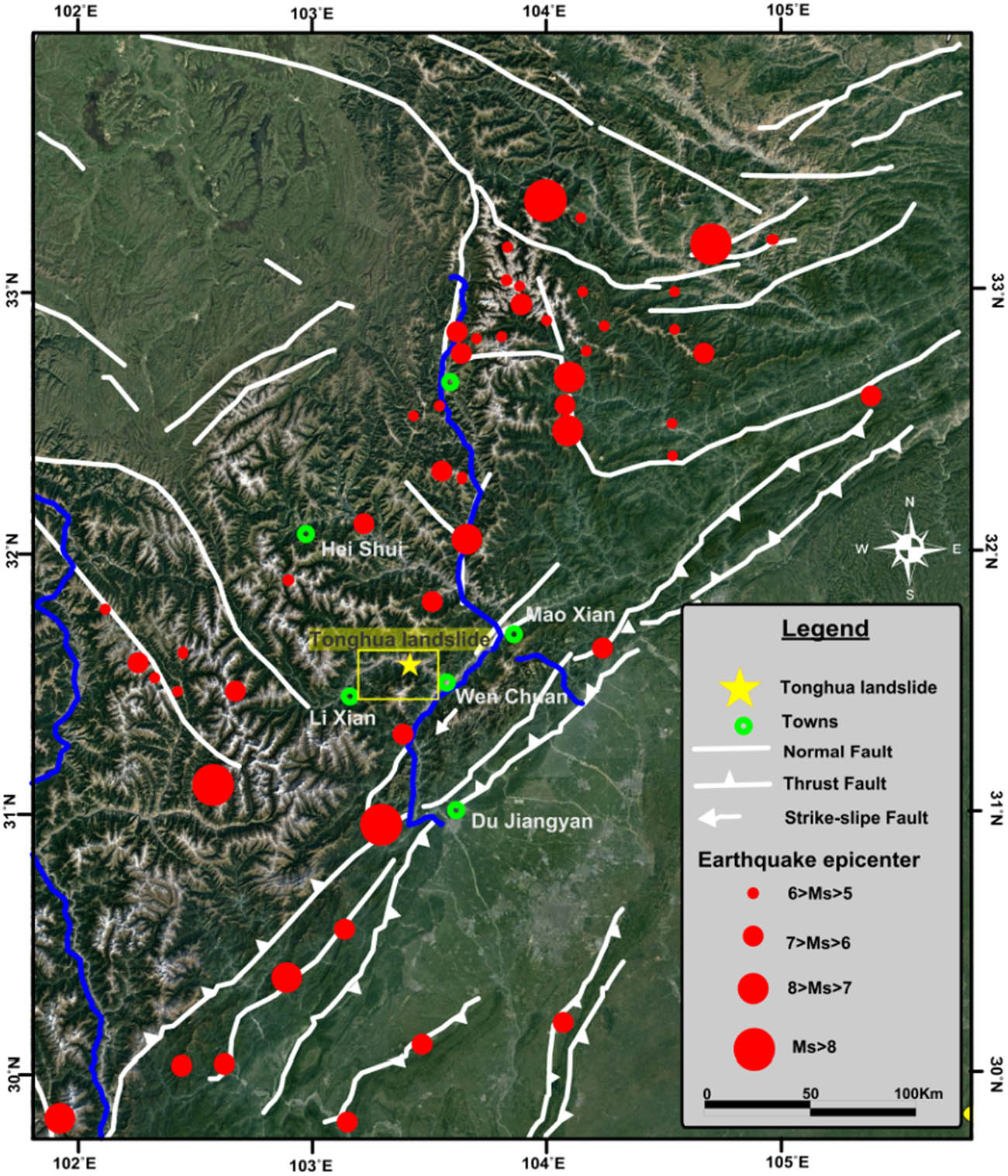 Figure 4 
                  Locations of structural faults and seismic events around the Tonghua landslide modified from ref. [6].
               