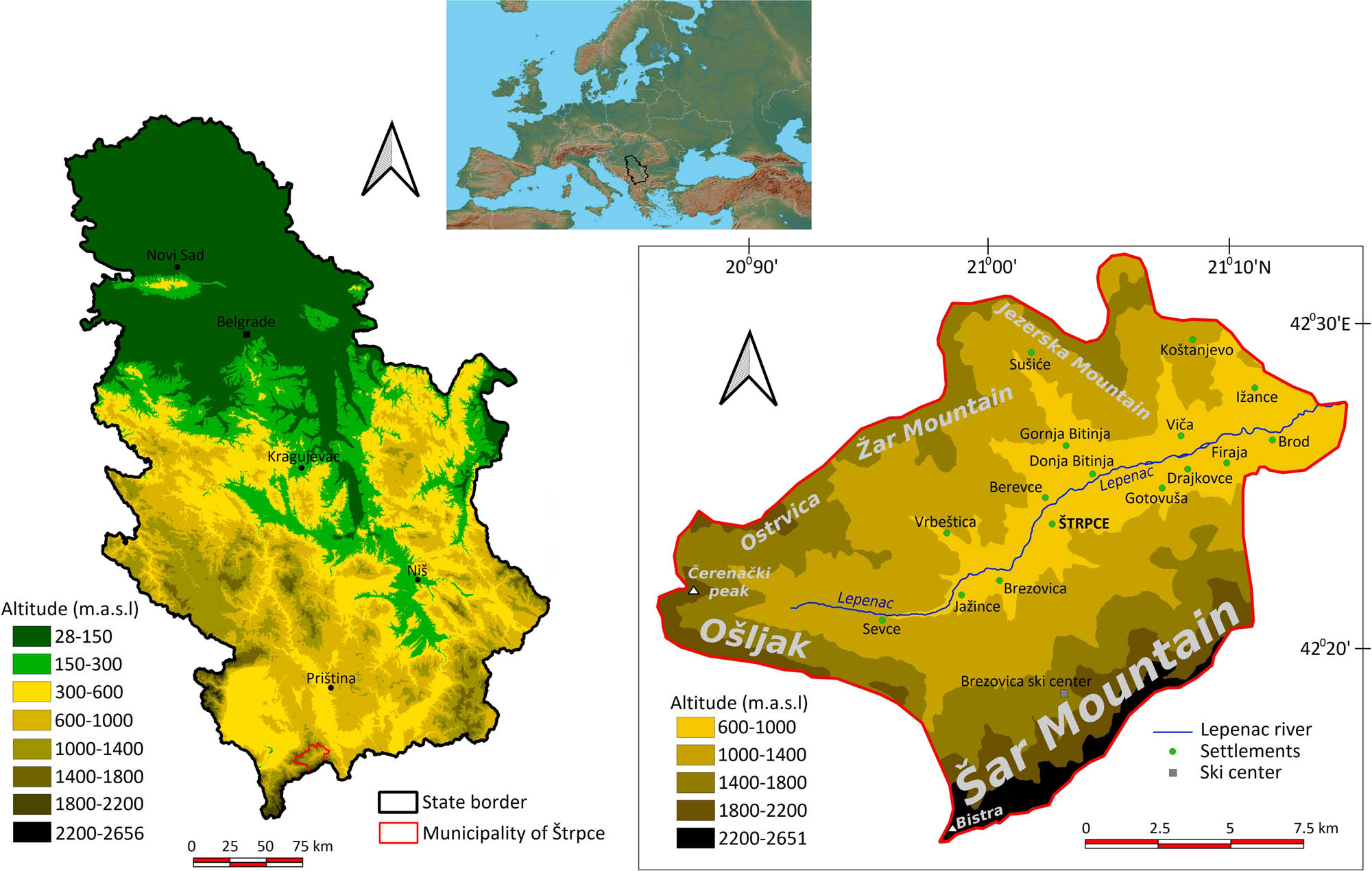 Figure 1 
                  Geographical location of the municipality of Štrpce.
               