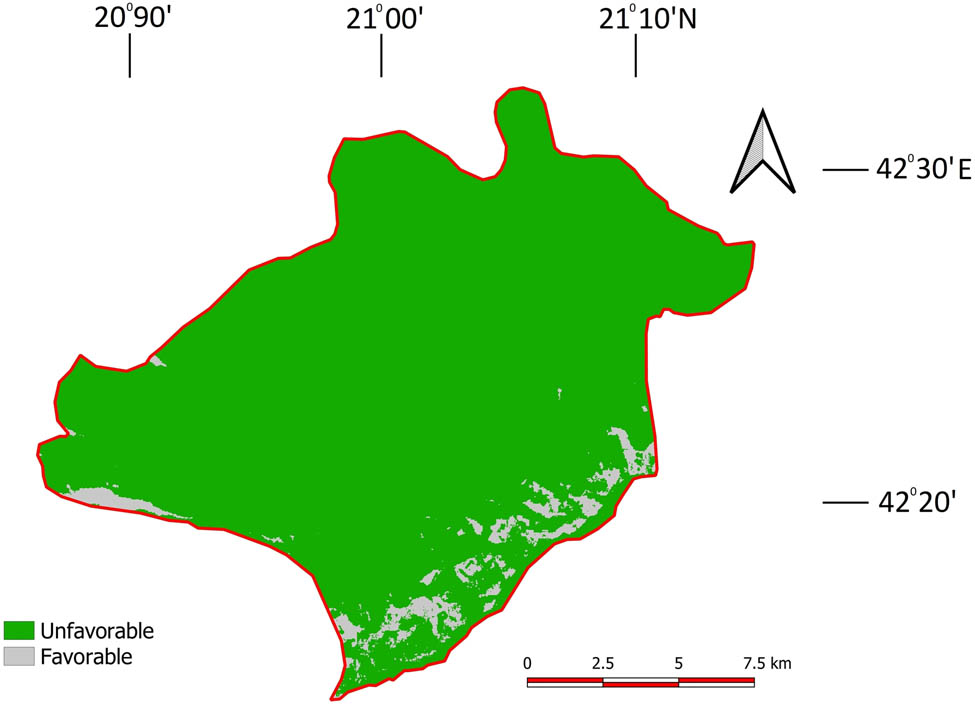 Figure 9 
                  Map of susceptibility to snow avalanches.
               
