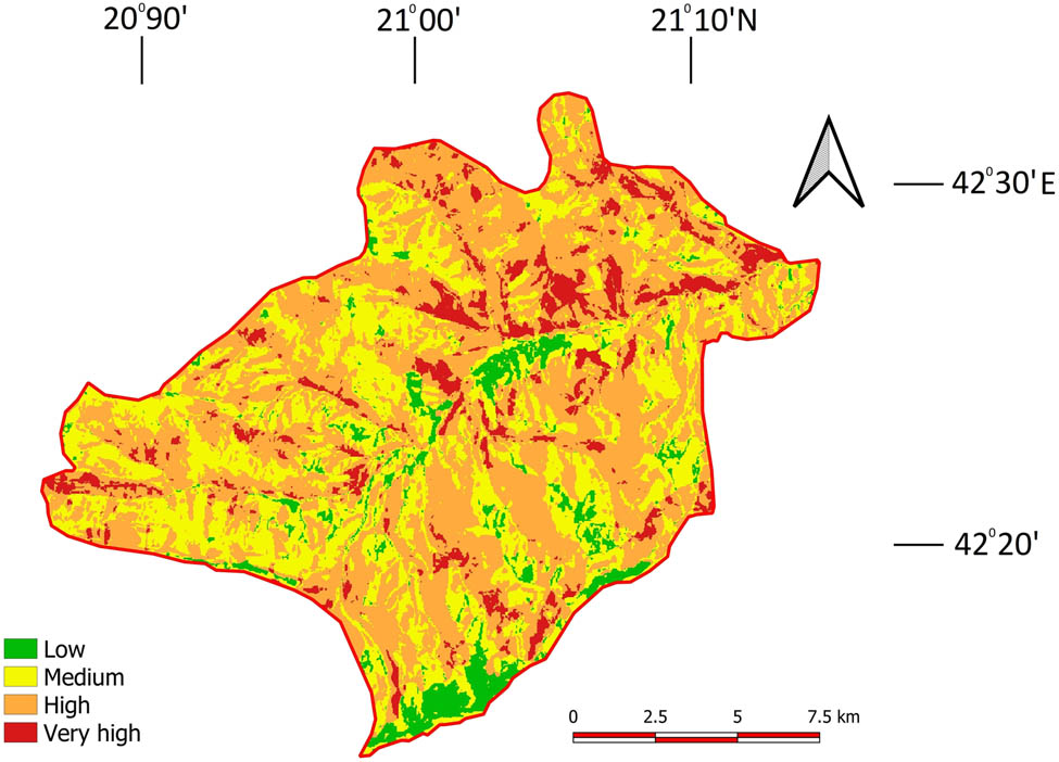 Figure 10 
                  Map of terrain susceptibility to forest fires.
               
