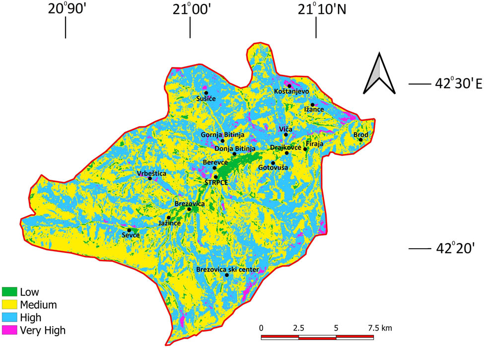 Figure 11 
                  Map of the total susceptibility to natural hazards.
               