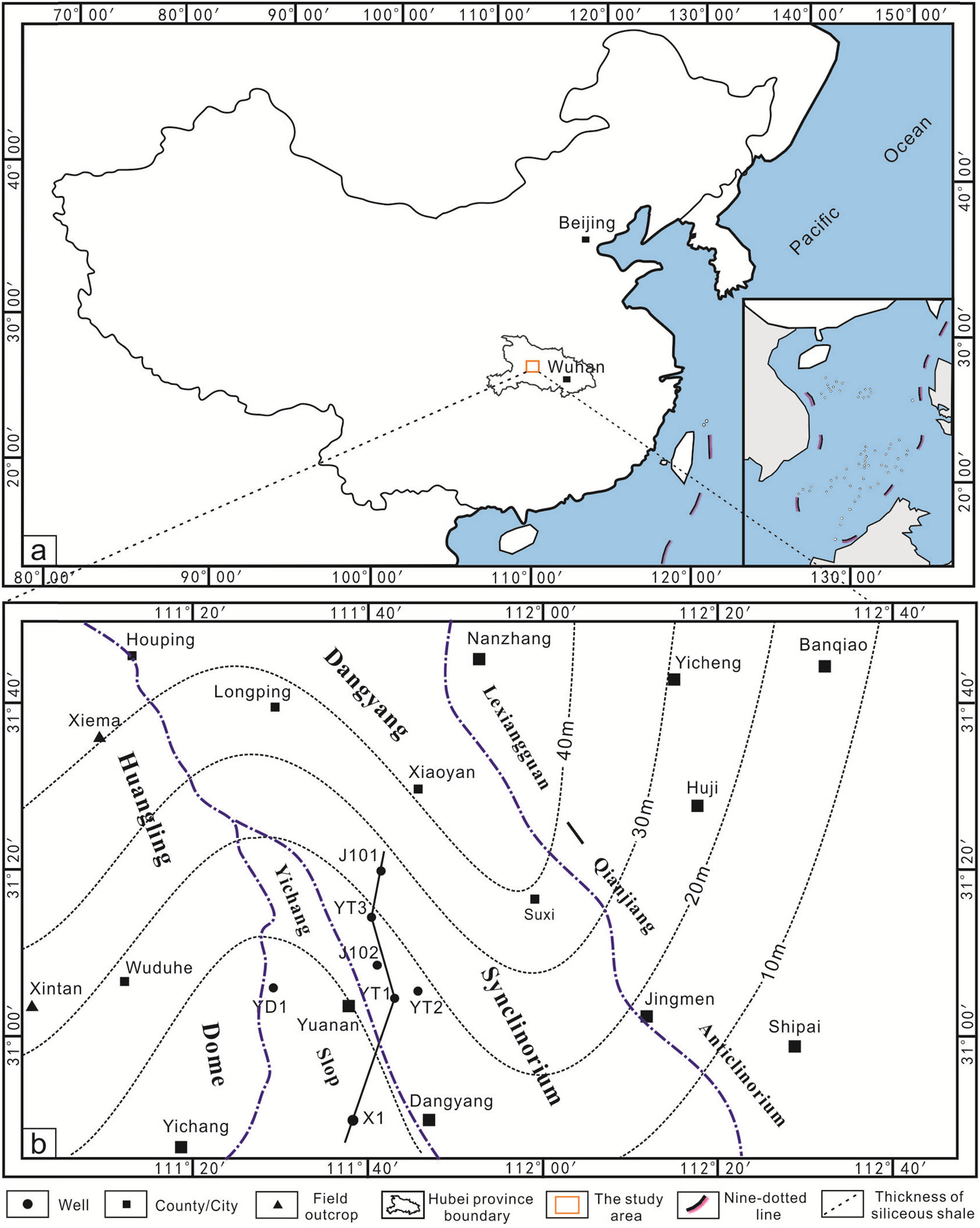 Figure 1 
               (a) Geographical location of the study area; (b) the regional distribution of the siliceous shale thickness (adapted from ref. [14]).
            